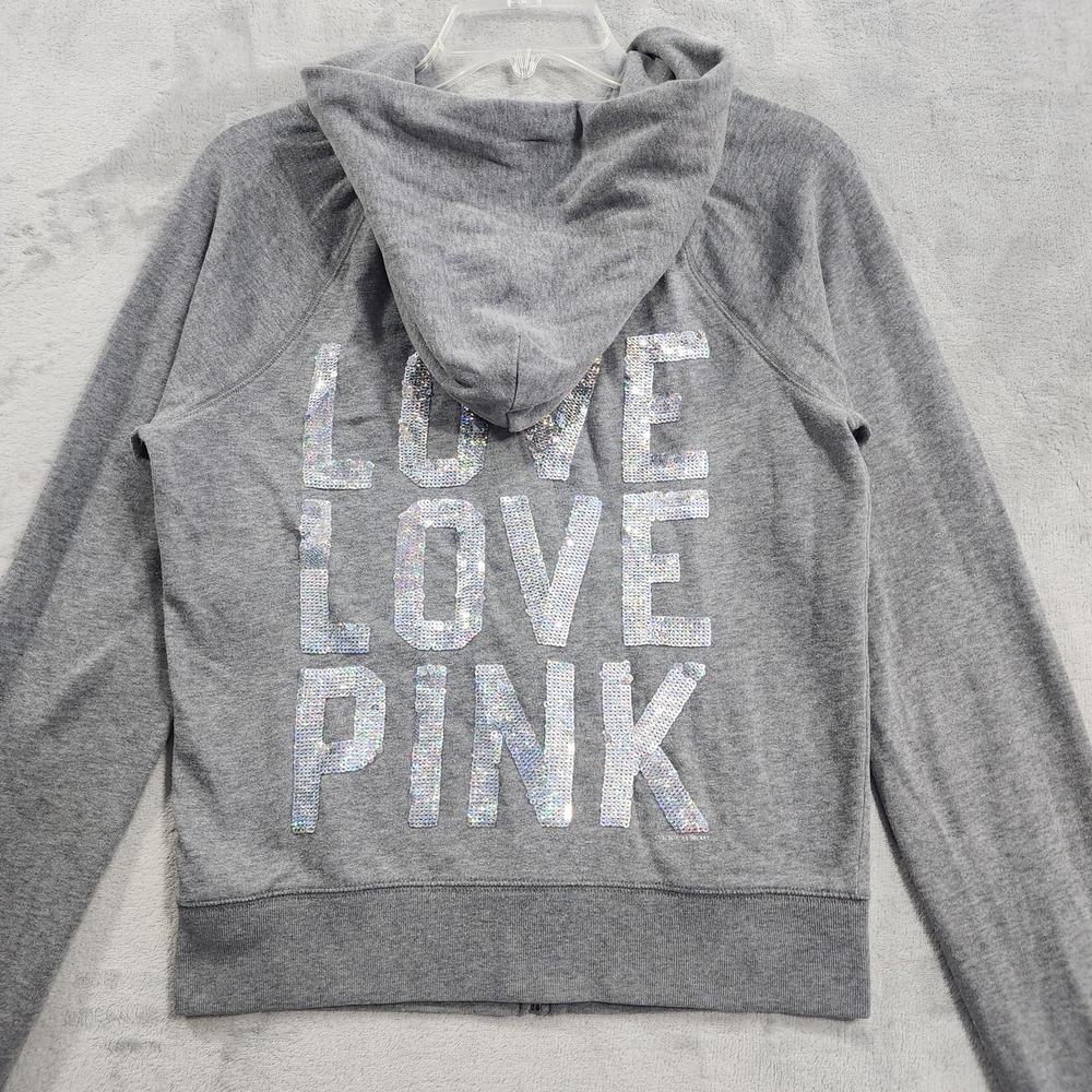 PINK Victoria's Secret Hoodie Womens XS Gray Sequin Dog Love Pink Full Zip Y2K‎